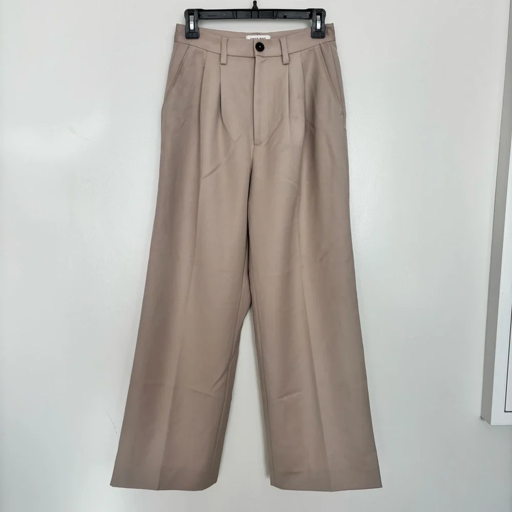 New Anine Bing‎ Carrie Pant Pleated Wide Leg in Taupe Tan Size 40